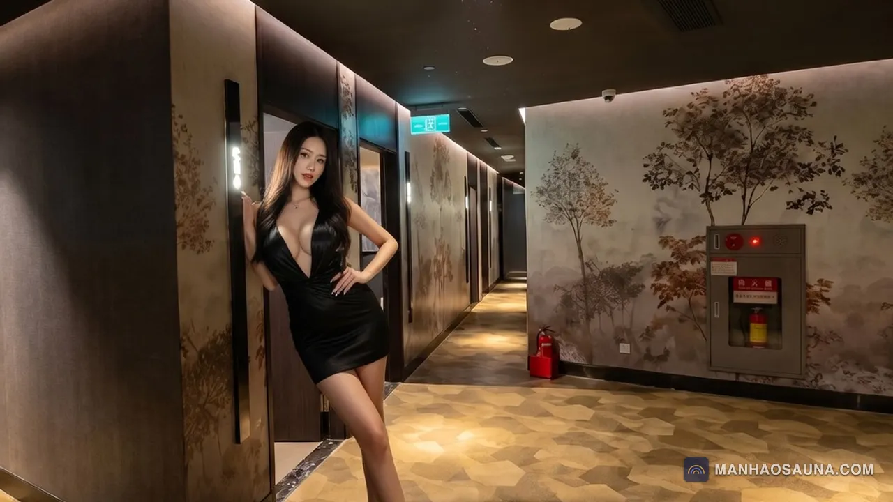 마카오 사우나 만하오 스파의 벽화 회랑. 나무를 그린 벽화 벽을 따라 육각 무늬 카펫이 깔린 복도가 객실 문 앞으로 이어진다